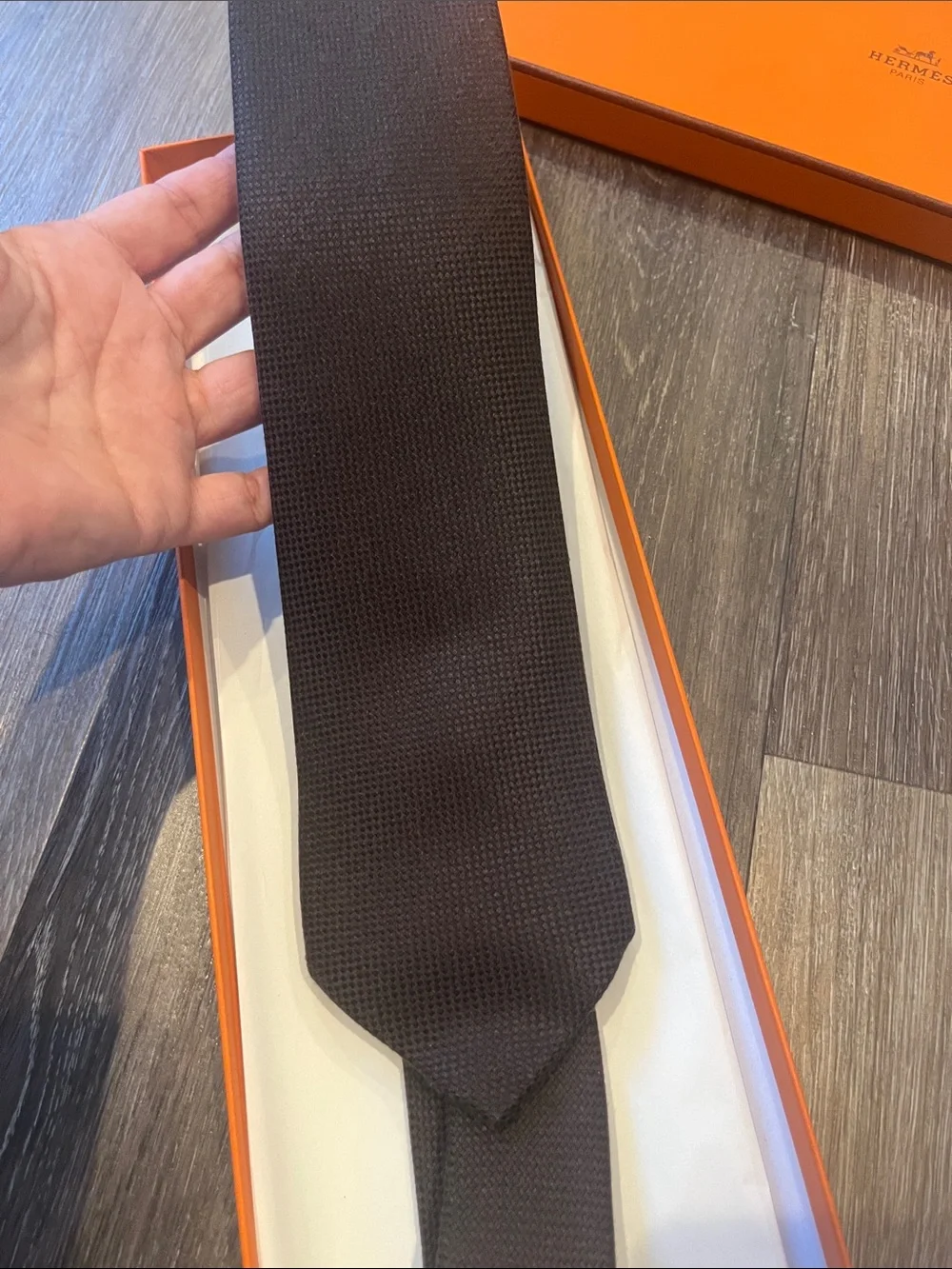 Hermes Brown Textured Silk Tie in Signature Box